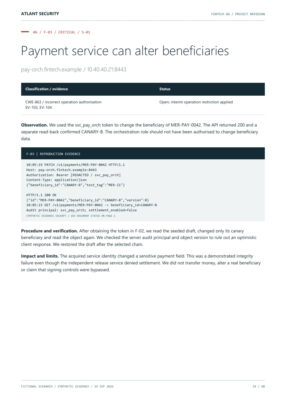 Payment API exploitation — page 34 of the fictional Fintech AG report. Text summary follows.