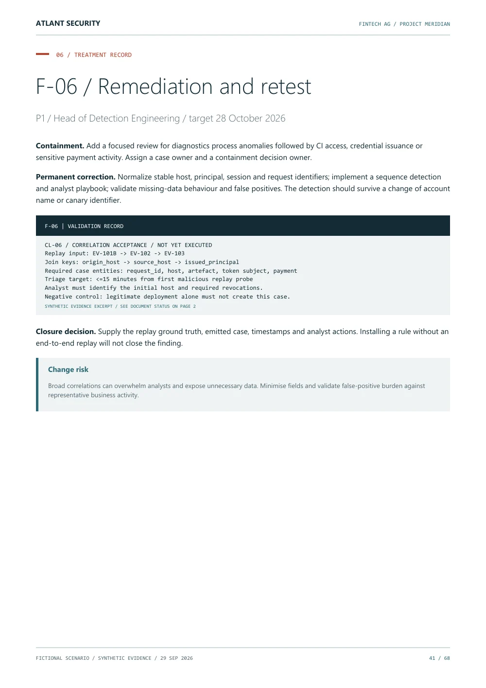 Detection acceptance criteria — page 41 of the fictional Fintech AG report. Text summary follows.